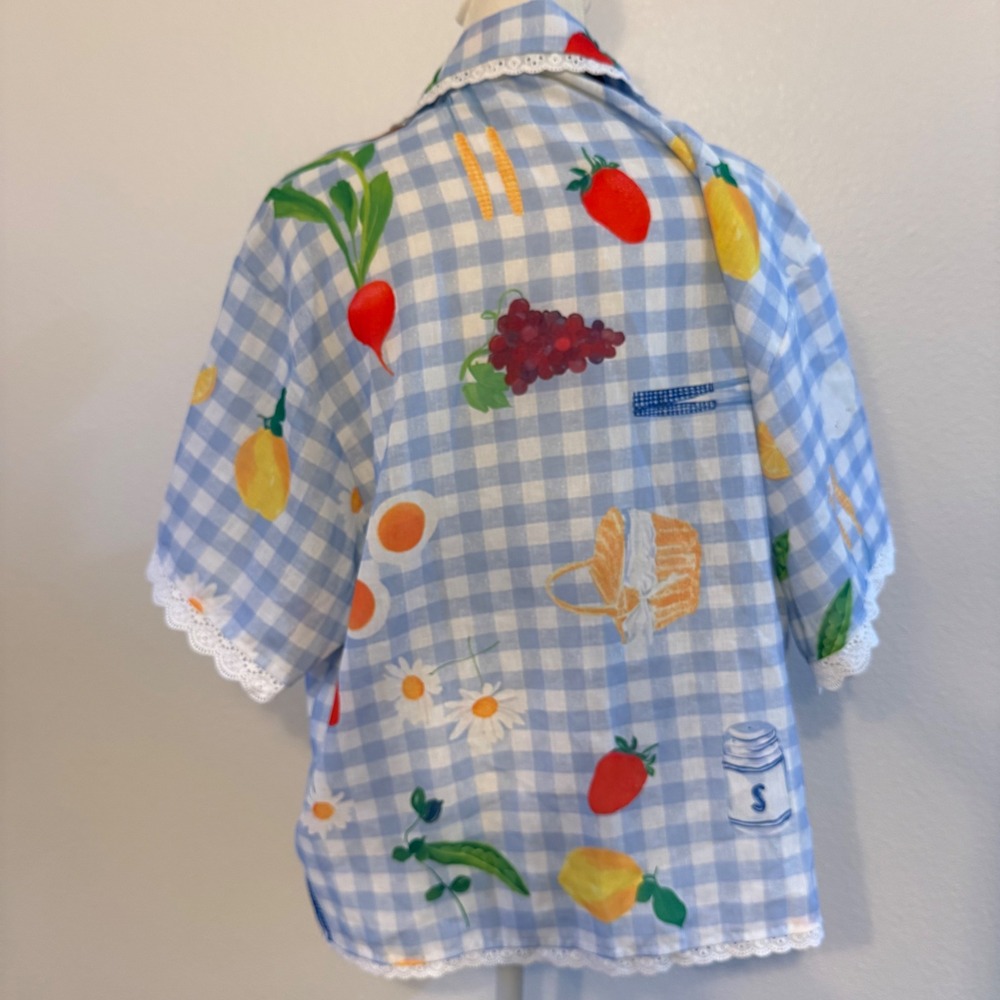 Gingham Fruit Print Coquette Mixed Media Button Up Shirt Grandma Women L Blue - Picture 4 of 6